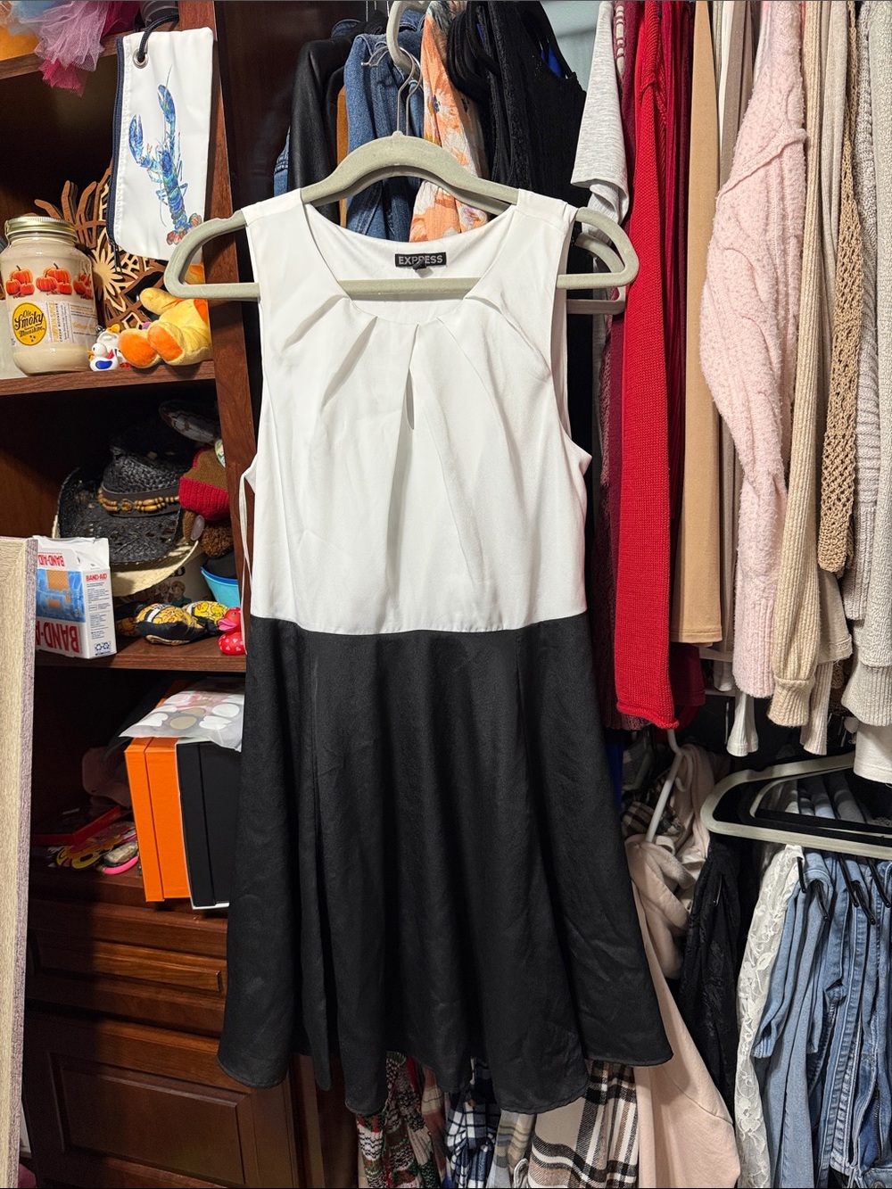 Express Black and White Sleeveless Midi Fit-and-Flare Dress